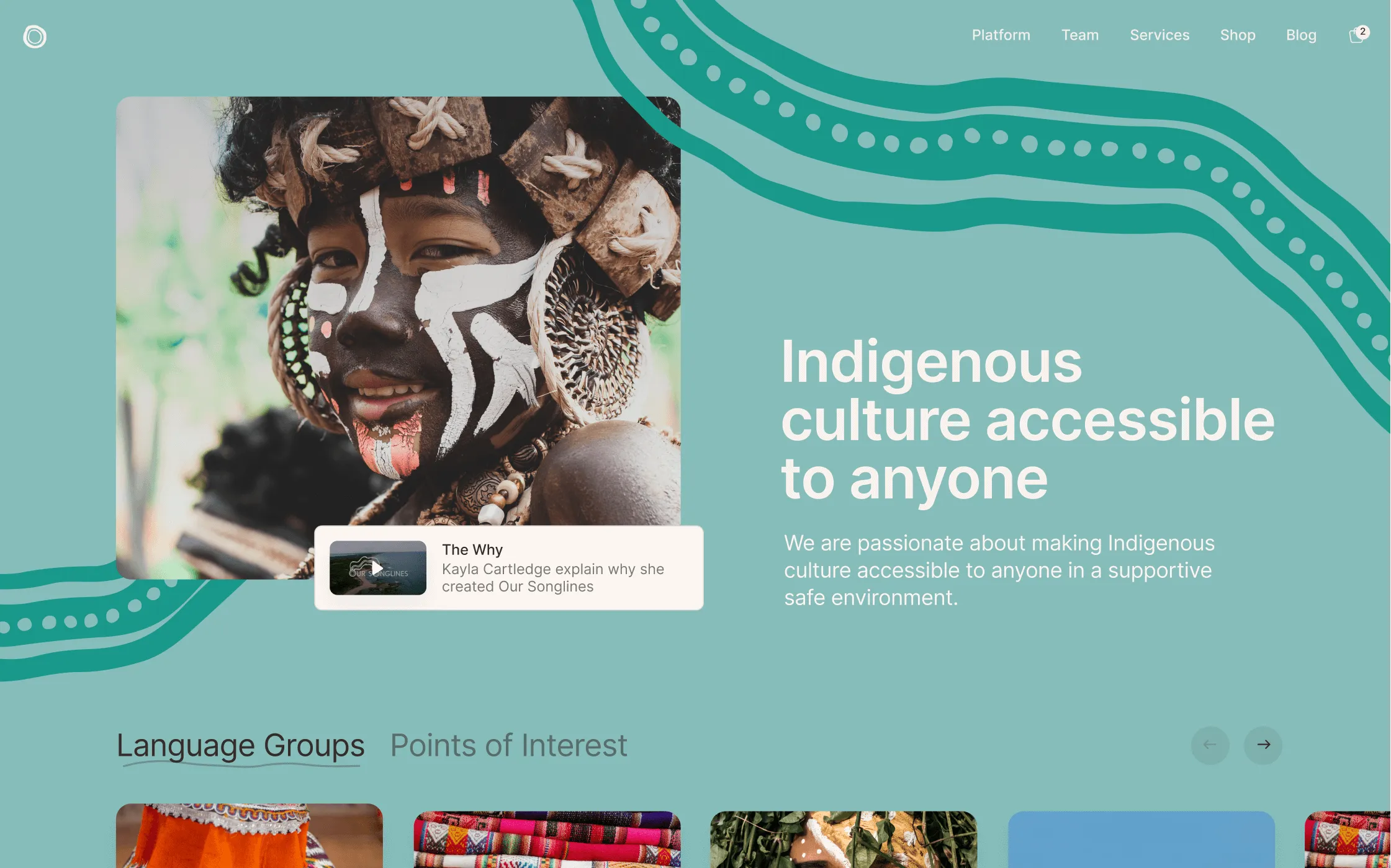 The Our Songlines home page, a shop and a cart sitting in the navigation.